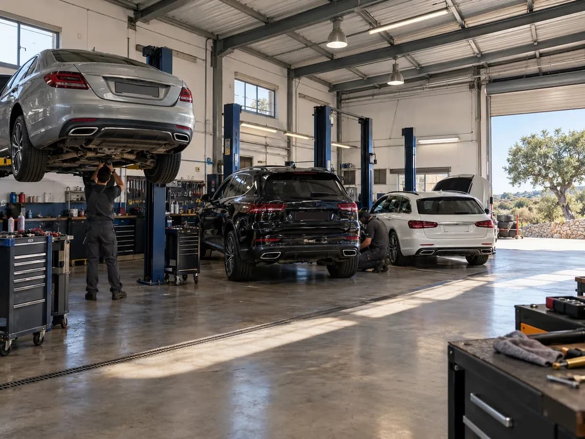 A oficina MotorBest Algarve no Patacão com carros Mercedes nos postos de trabalho