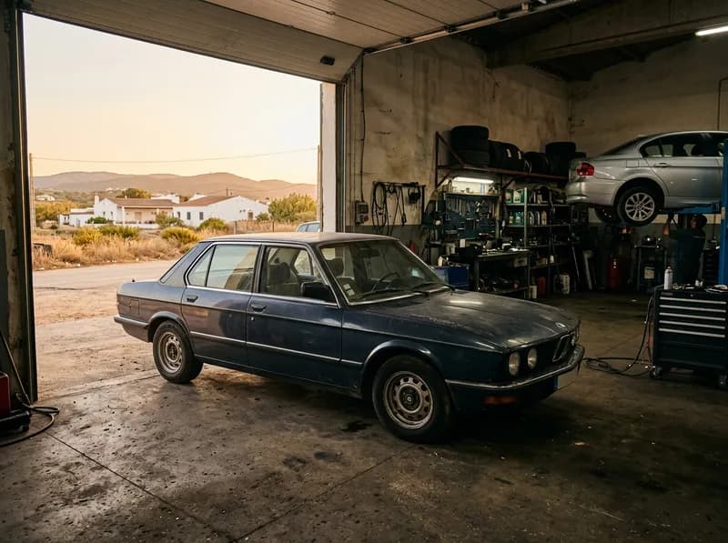 Uma berlina Mercedes clássica na oficina