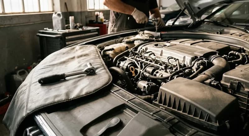Grande plano do motor de um Mercedes durante uma revisão