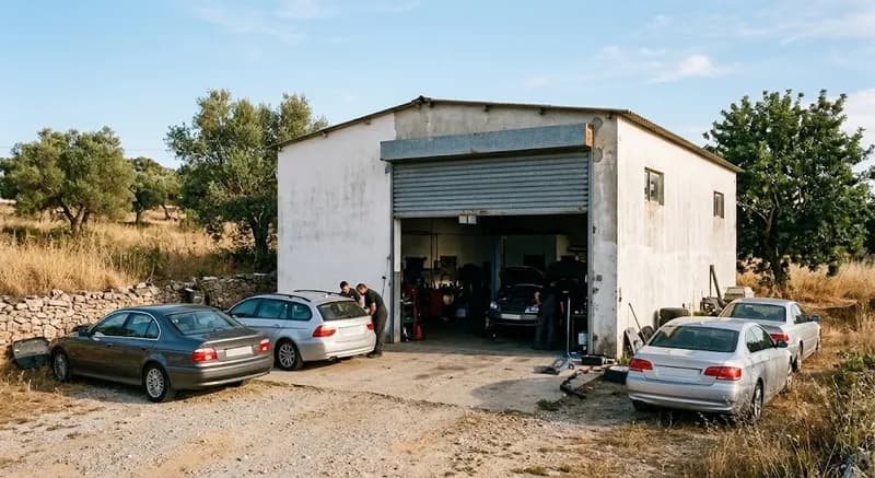 A fachada da oficina no Patacão ao sol do Algarve