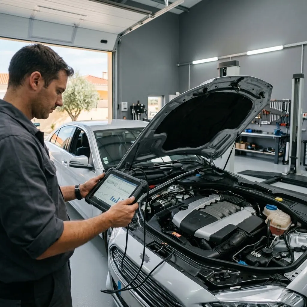 Técnico a ler um tablet de diagnóstico junto ao capô aberto de um Mercedes