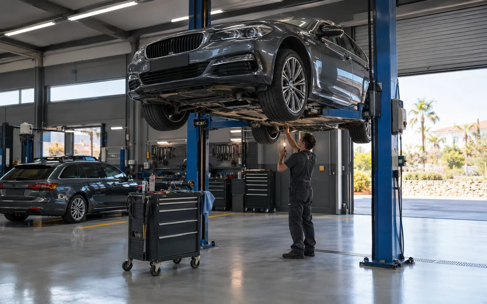 Berlina Mercedes-Benz num elevador na oficina MotorBest Algarve